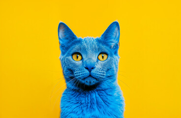 chat avec les poils bleus sur un fond jaune, vu de face - fond jaune	
