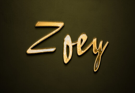 Old gold text effect of name Zoey with 3D glossy style Mockup. 
