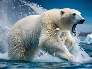 Explosive Impact. Polar Bear's Attack Breaks the Icy Surface