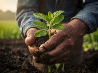 Hands of a male farmer holding a seedling in his hands
