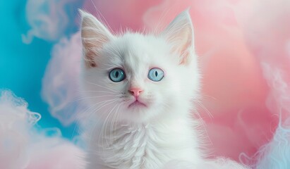 Portrait of a fluffy white kitten with striking blue eyes in colorful clouds