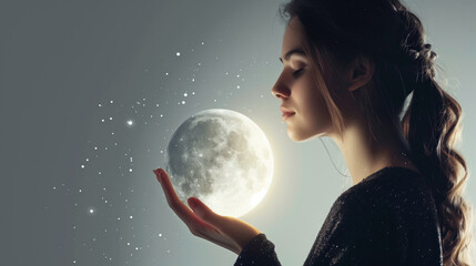 Naklejka premium Girl holding a 3D Moon Phases