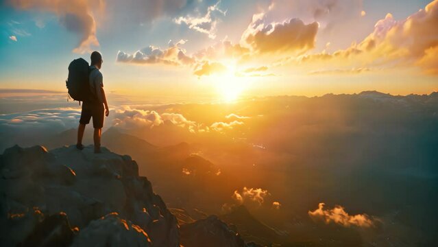 Man Standing on Top of Mountain With Backpack, An invigorating sunrise view from a mountaintop with a backpacker greeting the new day