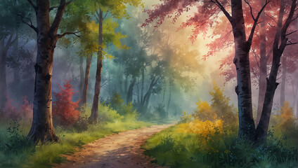 watercolor painting of a dense forest with a path running through 