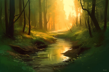Fototapeta premium a painting of a forest with a stream,ai