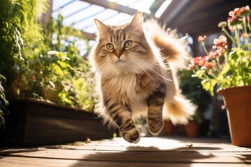 Obraz premium Environmental portrait photography of a happy siberian cat hopping on sunlit patio