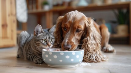 A Cocker Spaniel and a Persian cat gently eating raw rabbit meat from a shared bowl, set in a cozy kitchen setting