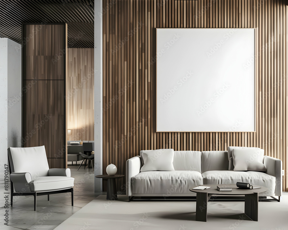 Wall mural A modern living room with a white sofa, coffee table, and blank poster on the wooden wall