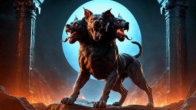 Cerberus, the three-headed guardian of the entrance to the underworld in Greek mythology. 