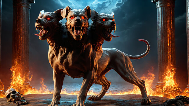 Cerberus, the three-headed guardian of the entrance to the underworld in Greek mythology. 
