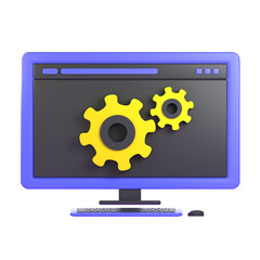 a computer monitor with a yellow gear on it. 3d illustration icon. Cartoon minimal style.