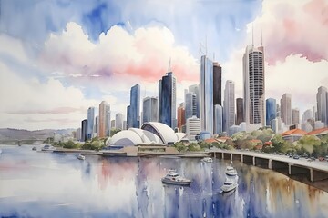 Brisbane Australia Country Landscape Illustration Art