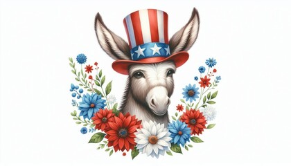 Naklejka premium Donkey 4th July Watercolor Memorial Day Clip Art Celebration USA (United State) Art Cute Cartoon For Independence Day Animal Patriotic with American Flag