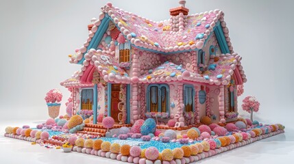 A large pink house made of candy and decorated with flowers