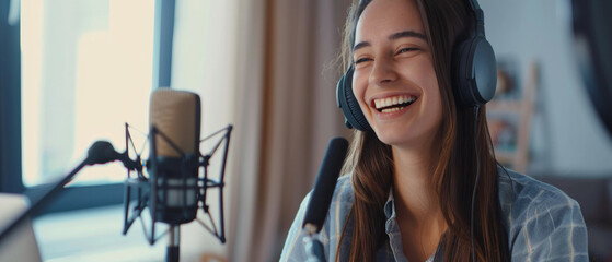 Joyful podcaster laughing during a recording session with professional equipment.
