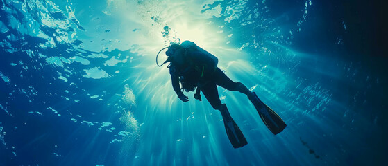 A solo diver explores the serene depths of a sunlit ocean.