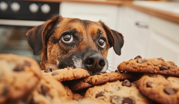 Dog eyeing freshly baked chocolate chip cookies on kitchen counter