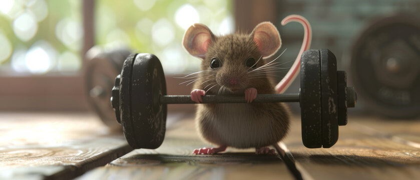 A whimsical scene of a tiny mouse attempting to lift weights, embodying determination and strength.