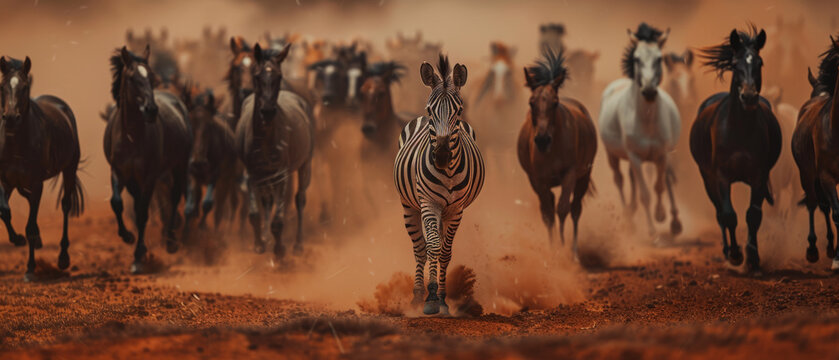 A lone zebra facing forward as a stampede of horses kicks up dust in the background.