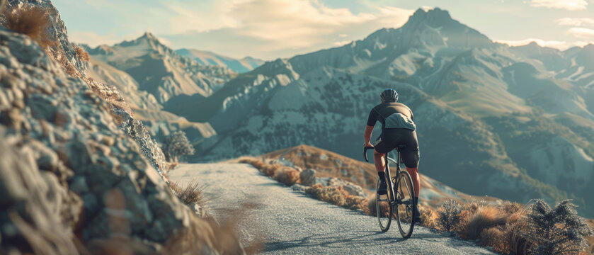 An avid cyclist tackles a mountainous road, basking in the vastness of the rugged landscape.