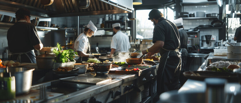 Bustling commercial kitchen in action, chefs preparing gourmet meals.