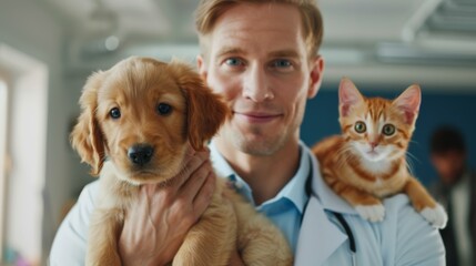Veterinarian with Puppy and Kitten