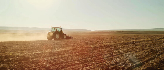 Fototapeta premium Tractor tilling soil at sunset, preparing the field for planting.