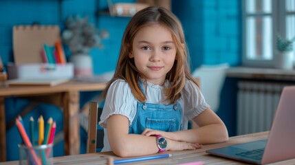 Young Girl Studying Online at Home