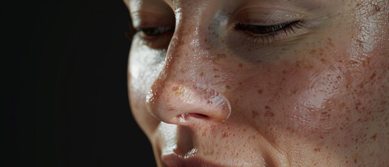 Fototapeta premium Close-up of a woman's face, her freckles and expression conveying a thoughtful, introspective mood.