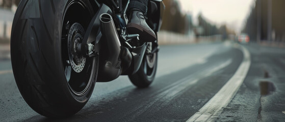 Low angle view of a sleek motorcycle on an urban road, poised for an exhilarating ride.