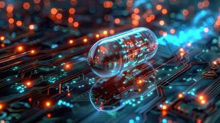 Futuristic AI-Enhanced Pill Levitating Over Tech Circuitry.