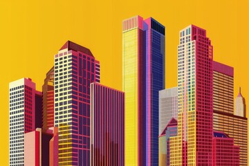 Obraz premium High-rise houses of the metropolis in the clouds. Roofs of skyscrapers in the blue sky. Multicast vector.. Beautiful simple AI generated image in 4K, unique.