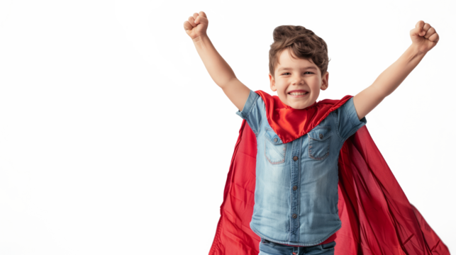 Kids Power Concept, Boy Posing as Superhero on transparent background - Powered by Adobe