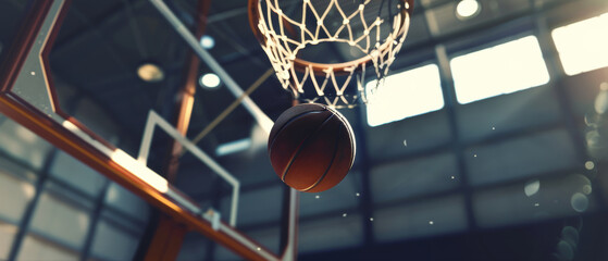 Dynamic angle of a basketball swooshing through the net during an indoor game.