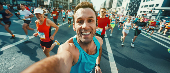 Energetic marathon runner taking a selfie with a crowd of participants.