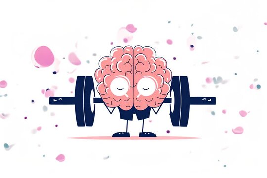 Cartoon brain weightlifting, mental training workout intellectual learning self-education	
