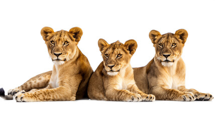 Three lionesses lying down side by side, looking directly ahead with a white background.