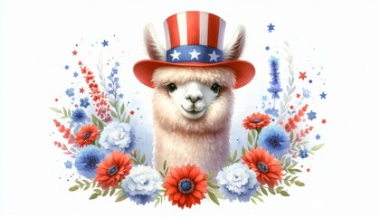 Fototapeta premium Alpaca 4th July Watercolor Animal Patriotic with American Flag Memorial Day Clip Art Celebration USA (United State) Art Cute Cartoon For Independence Day