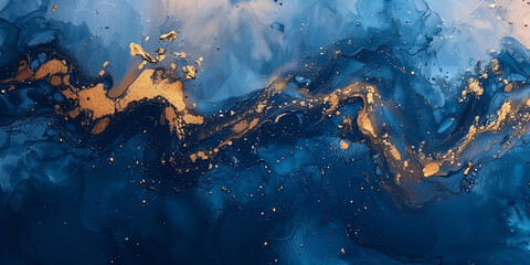 Fototapeta premium Blue and gold texture of a plastered wall pattern design. Blue old rough plaster background wallpaper. Blue rough painted wall surface. Raster bitmap illustration. AI artwork.