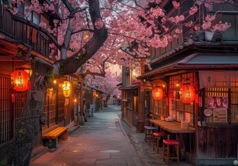 Fototapeta premium Traditional Japanese street, architecture, minimal, stunning cherry blossoms, clean, created with AI