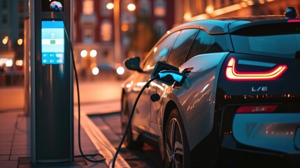 An electric vehicle is being charged at a station, while its wheels, tires, and alloy wheels rest peacefully under the hood. AIG41