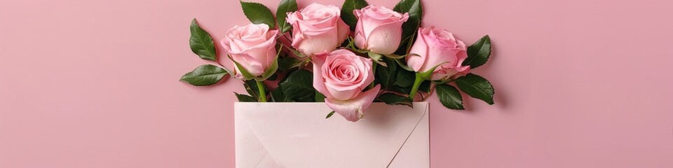 Fototapeta premium Envelope of Pink Roses on Delicate Background