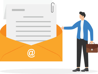 Man reading incoming electronic letter in envelope. Concept of e-mail, internet message, online communication, digital correspondence, flat vector illustration

