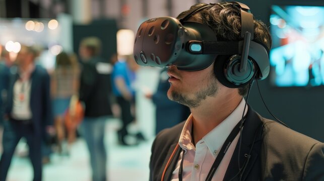 The man is wearing a virtual reality headset and is looking around at a conference. He is wearing a suit and has a beard.
