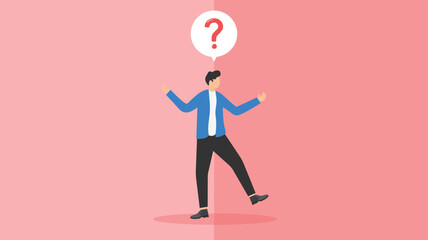 Make choice or decision concept, businessman makes a choice with pointing hands in different directions and mental question

