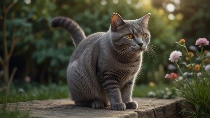 British Short Hair Cat Sitting on the Garden. Cute British Short Hair Cat blurry background.