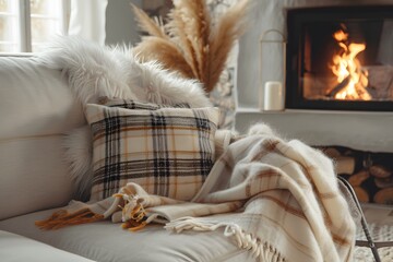 Beige sofa with plaid and fur cushion against of fireplace. Hygge, scandinavian interior design of modern living room.