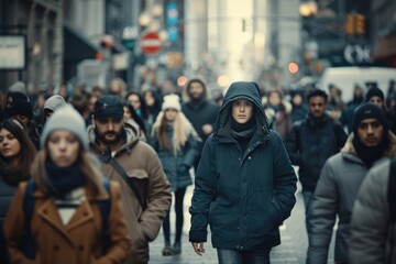 A man in a black hoodie walks through a crowded city street. AIG51A.
