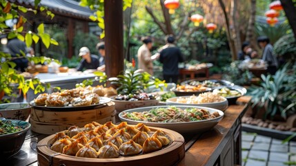 Fototapeta premium A tasting event in a museum courtyard, featuring a diverse selection of dumplings from different regions