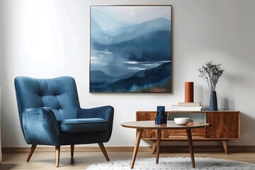 Blue armchair near wooden long coffee table against of white wall with big art canvas poster frame....
